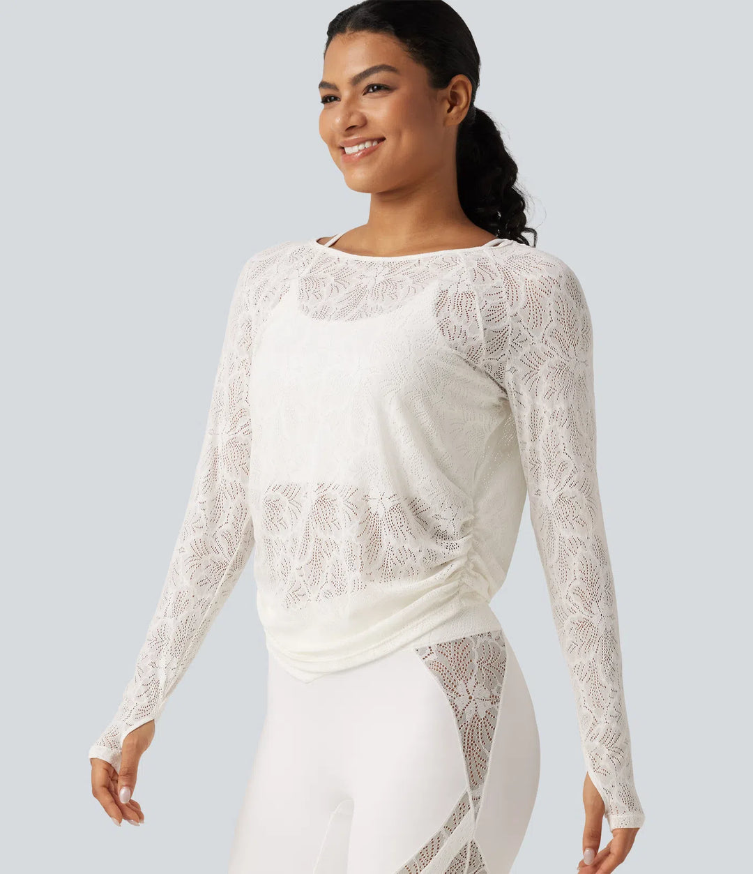 Cut Out Long Sleeve Thumb Hole Ruched Lace Yoga Sports Top