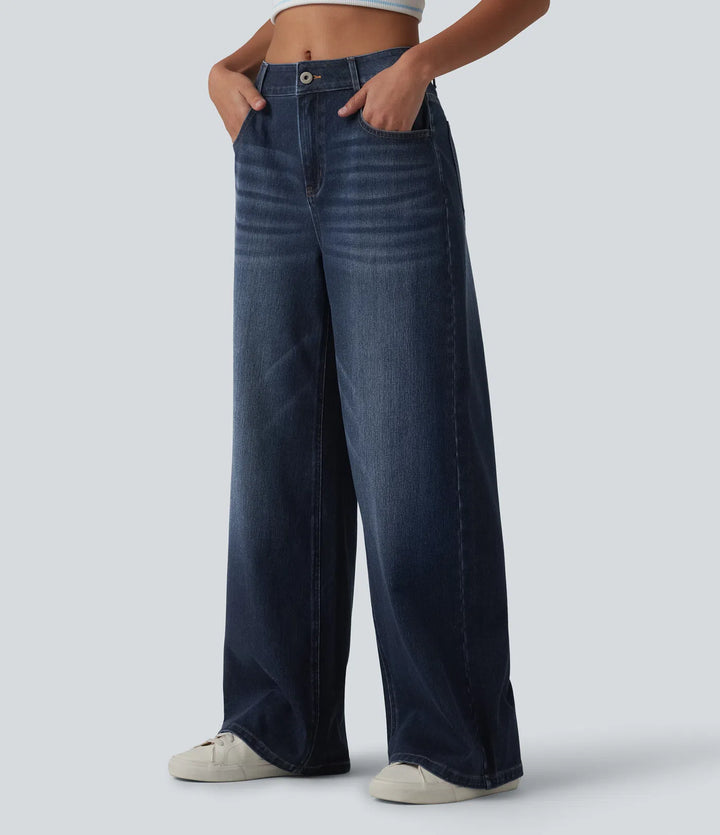 Halara Flex Mid Rise Washed Baggy Wide Leg Casual Jeans with Pockets