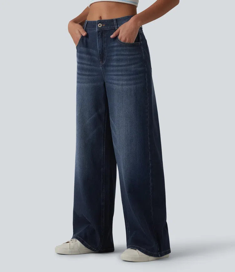 Halara Flex Mid Rise Washed Baggy Wide Leg Casual Jeans with Pockets