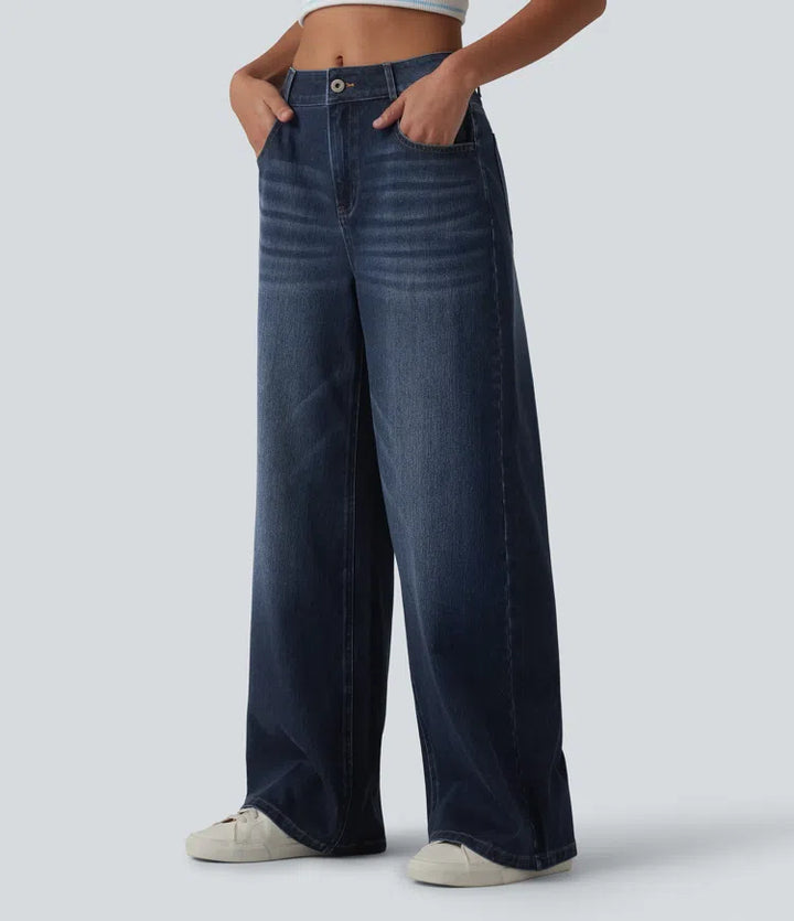 Halara Flex Mid Rise Washed Baggy Wide Leg Casual Jeans with Pockets