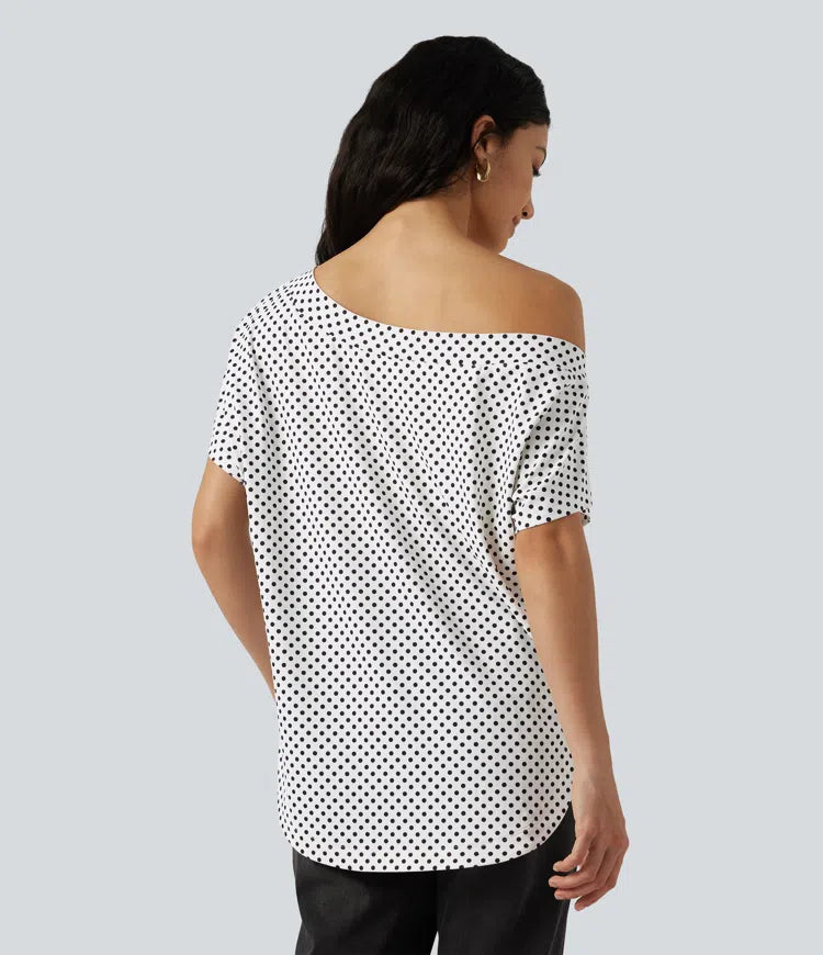 One Shoulder Short Sleeve Curved Hem High Low Built-in Bra Polka Dot Casual Top
