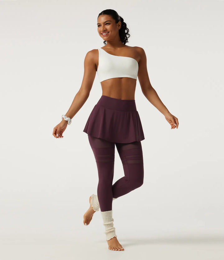 SoftlyZero Airy Mid Rise Pleated Contrast Mesh Dance Skirted Leggings with Pockets