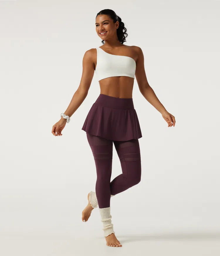 SoftlyZero Airy Mid Rise Pleated Contrast Mesh Dance Skirted Leggings with Pockets