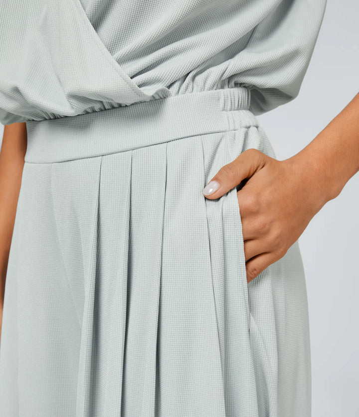 V Neck Short Sleeve Side Pocket Wide Leg Flowy Waffle Casual Jumpsuit