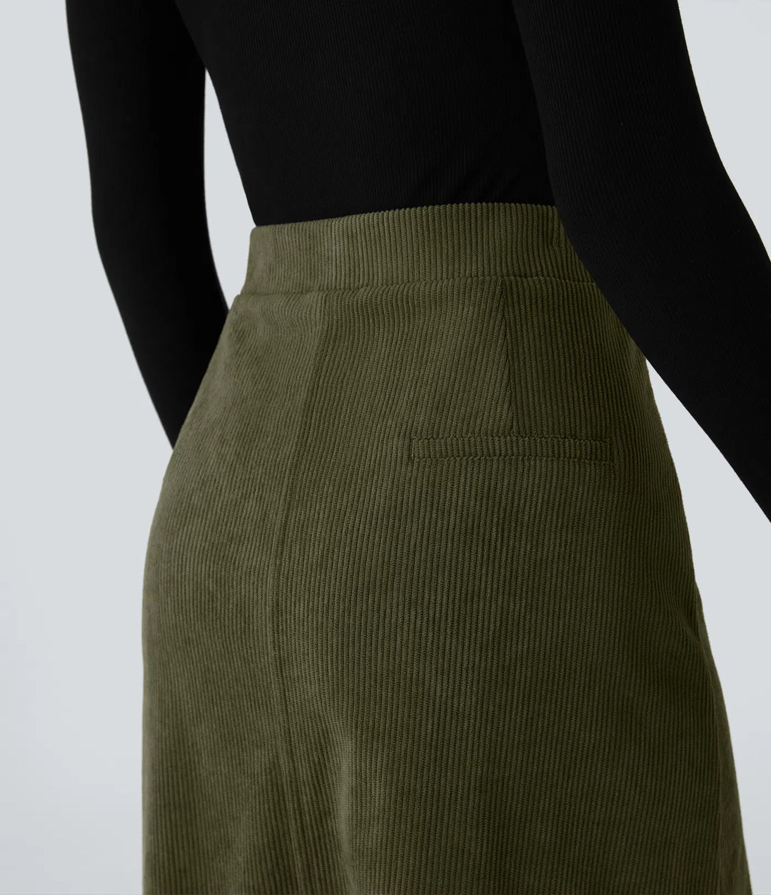 Mid Rise Front Side Flap Pocket Midi Corduroy Casual Skirt