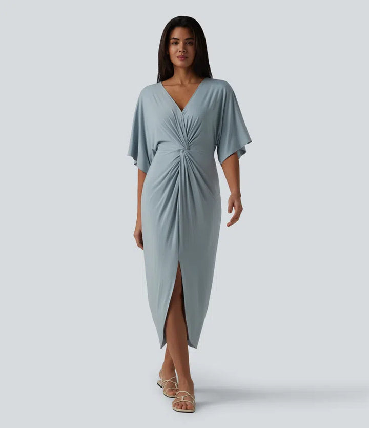 V-neck Batwing Sleeve Twisted Tulip Hem Midi Casual Dress