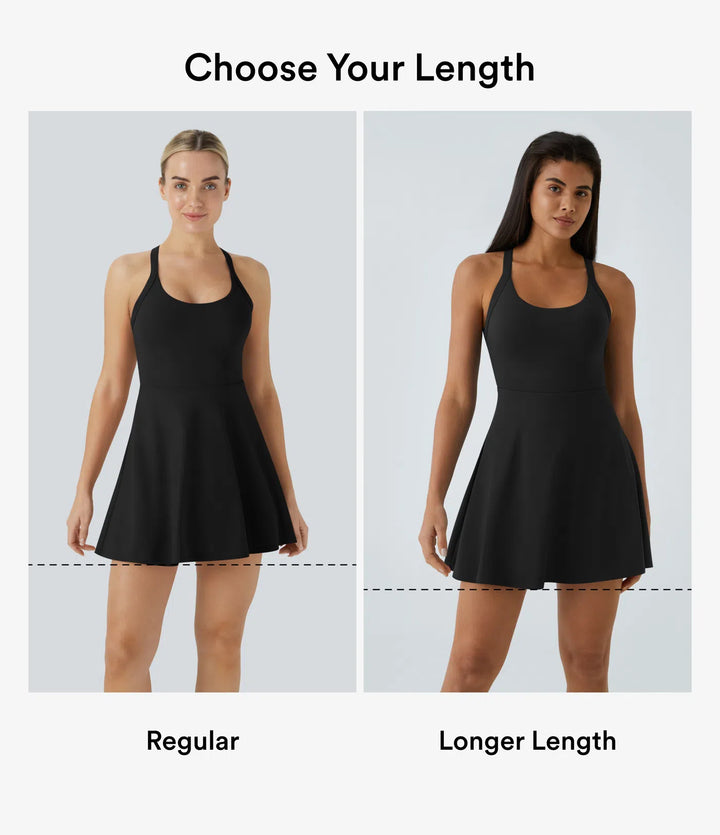 SoftlyZero Airy Backless Twisted Flare Low Support Dance Active Dress-Longer Length-Easy Peezy Edition A-D Cups
