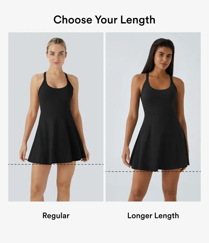 SoftlyZero Airy Backless Twisted Flare Low Support Dance Active Dress-Longer Length-Easy Peezy Edition A-D Cups