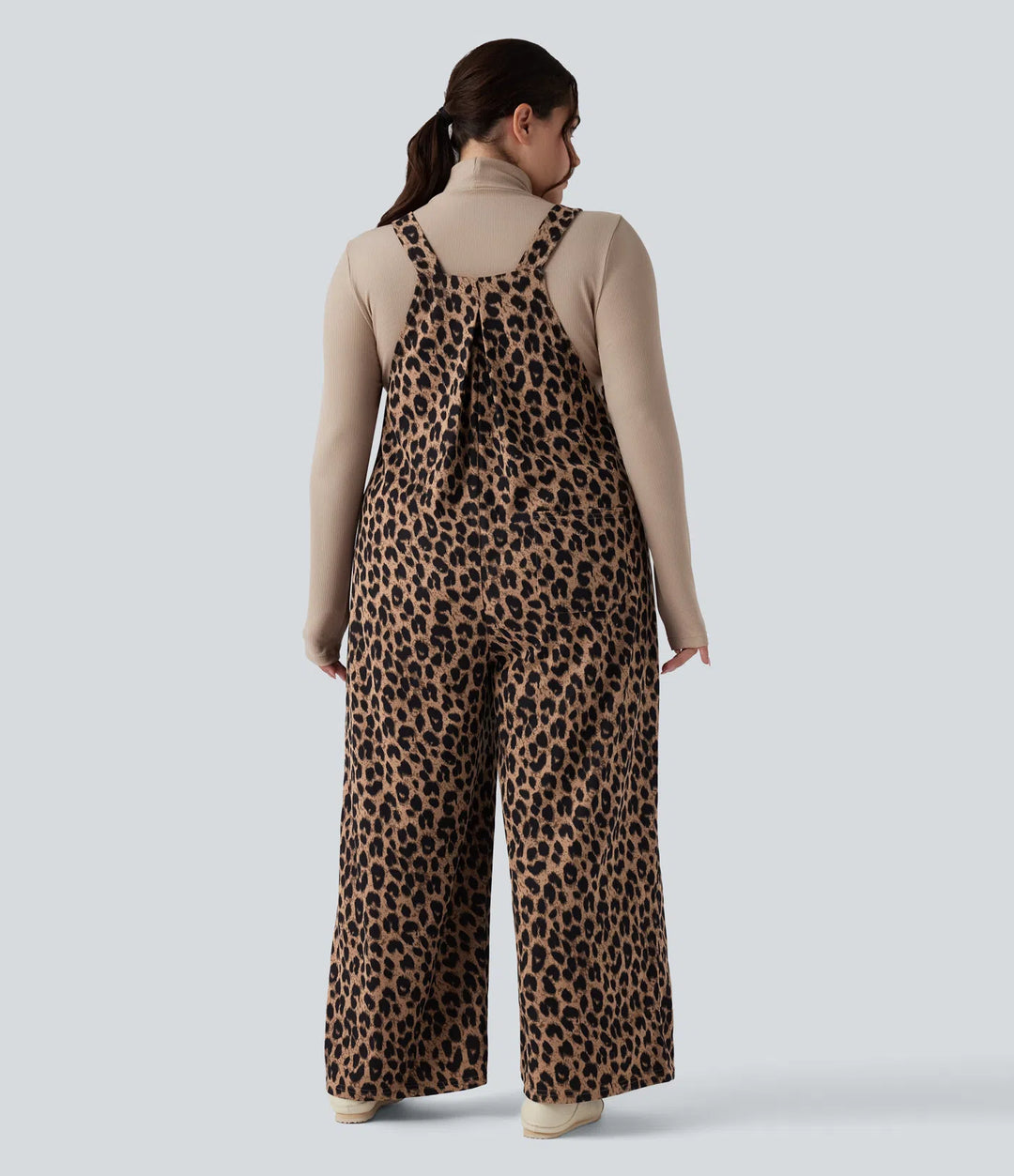 Leopard Print Waffle Casual Plus Size Overalls with Pockets
