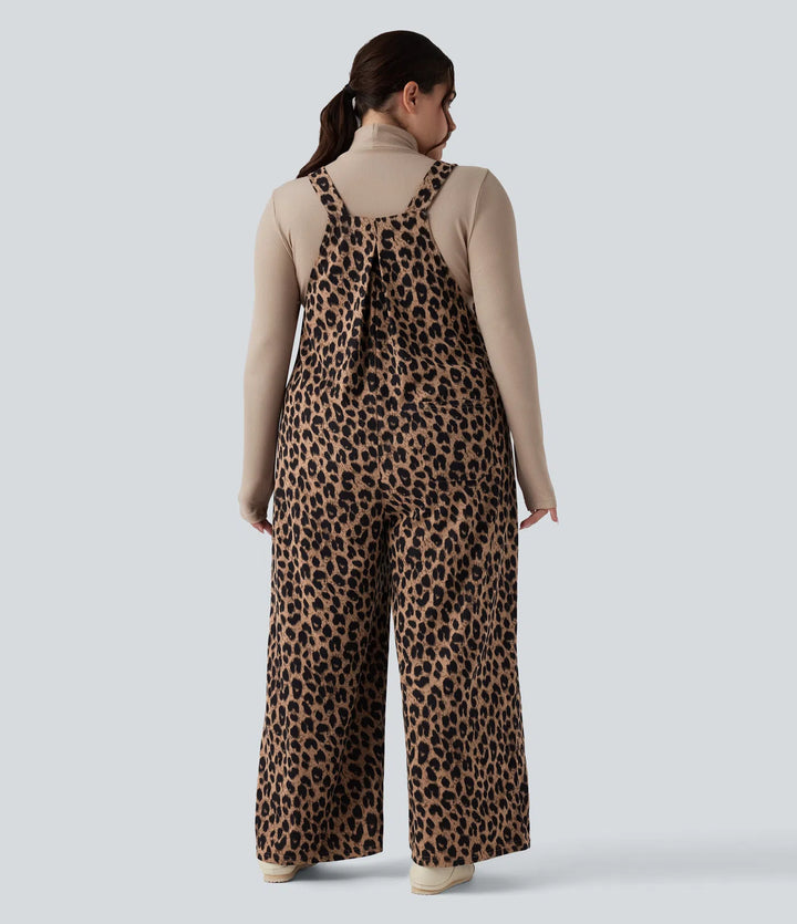 Leopard Print Waffle Casual Plus Size Overalls with Pockets