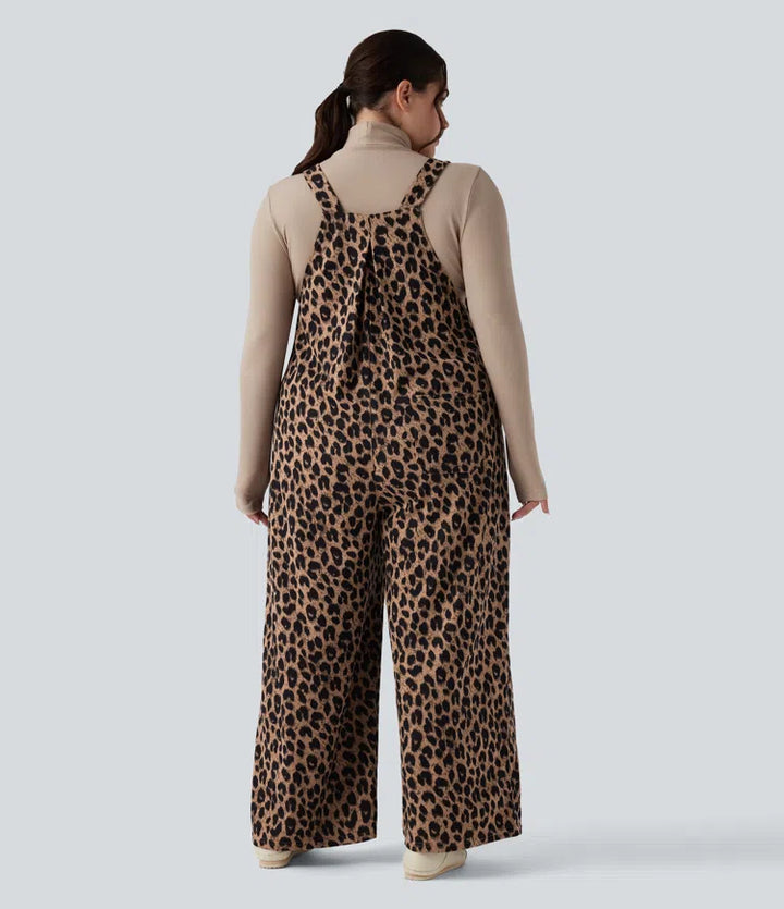 Leopard Print Waffle Casual Plus Size Overalls with Pockets