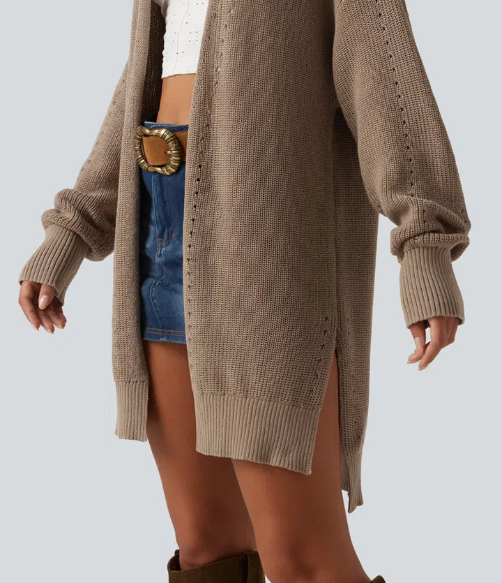 V Neck Open Front Long Sleeve Longline Casual Cardigan