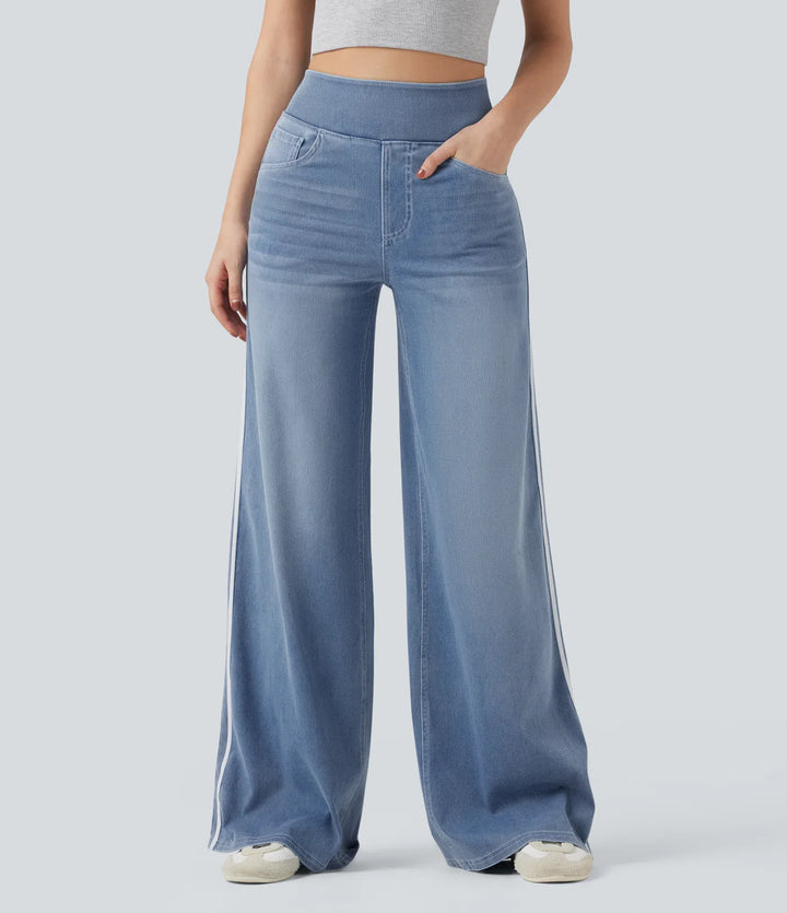 Halara Flex High Waisted Stripe Wide Leg Flowy Washed Casual Jeans with Pockets