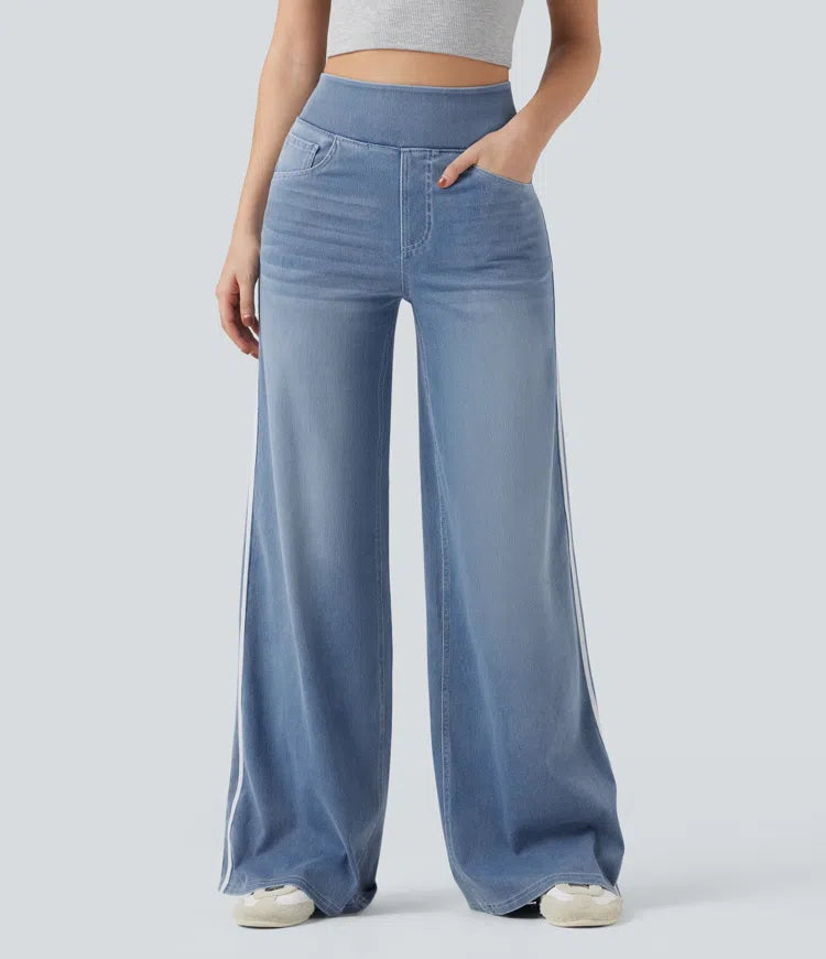 Halara Flex High Waisted Stripe Wide Leg Flowy Washed Casual Jeans with Pockets