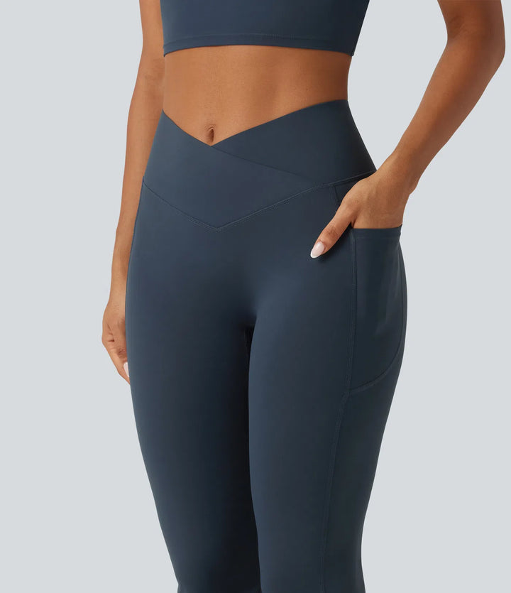 Halara UltraSculpt High Waisted Crossover Tummy Control Flare Workout Leggings with Pockets
