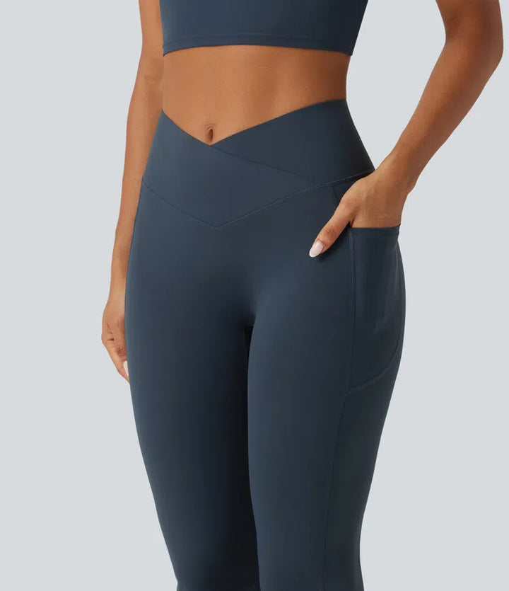 Halara UltraSculpt High Waisted Crossover Tummy Control Flare Workout Leggings with Pockets