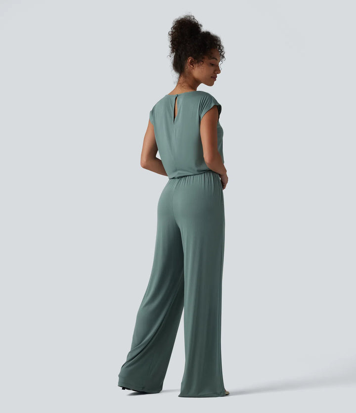 V-neck Sleeveless Drawstring Casual Jumpsuit with Pockets-Easy Peezy