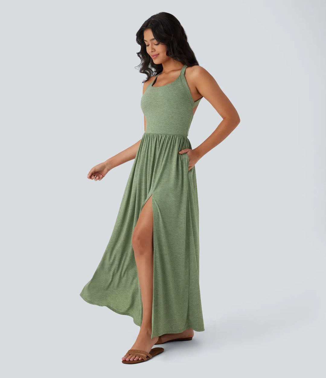 Twisted Backless Split Flowy Maxi Resort Dress with Pockets