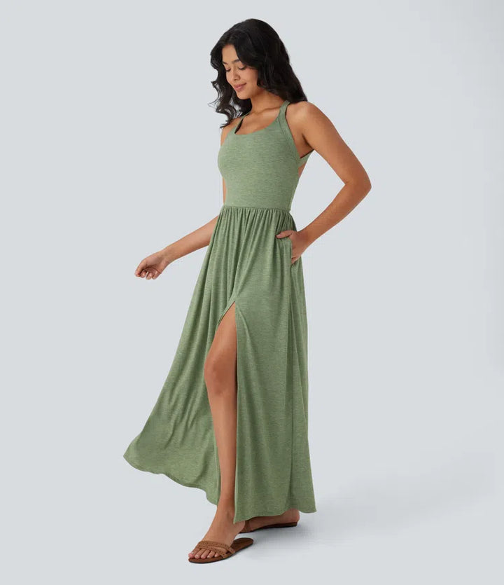 Twisted Backless Split Flowy Maxi Resort Dress with Pockets