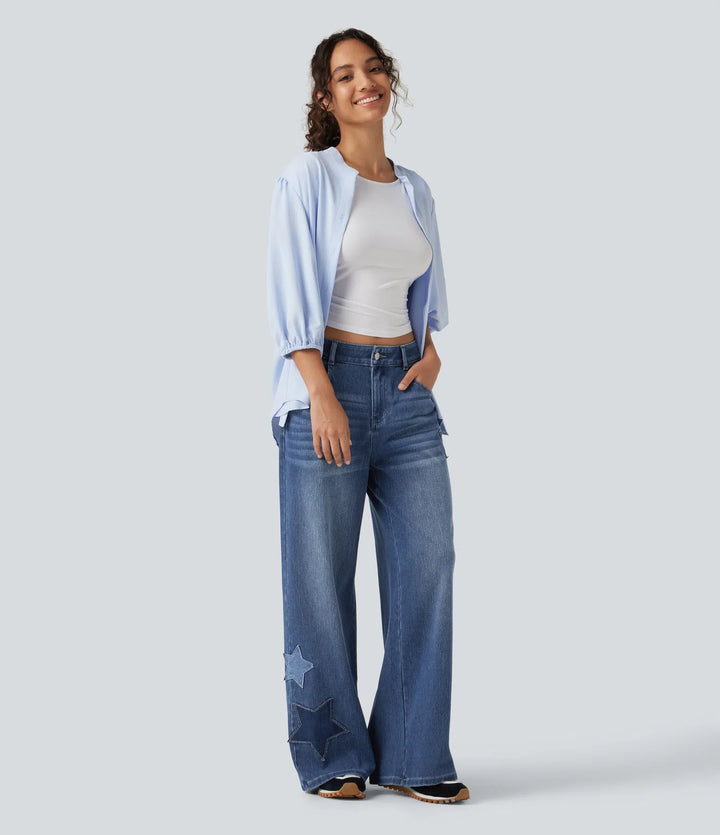 Halara Flex High Waisted Baggy Embroidery Casual Jeans with Pockets