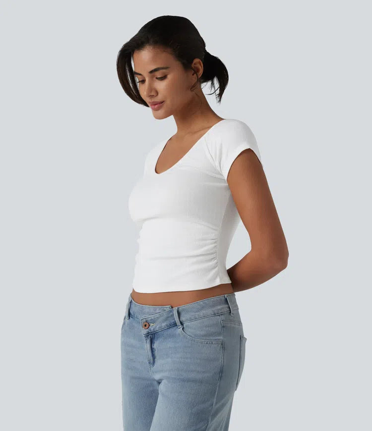 V Neck Short Sleeve Ruched Casual T-Shirt