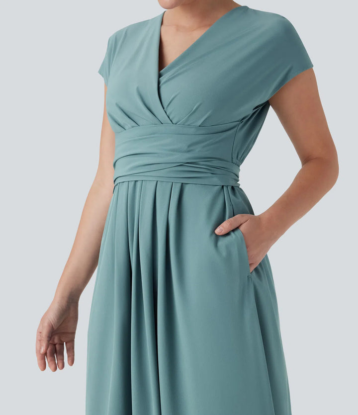 Breezeful V Neck Short Sleeve Pocket Tie Back Quick Dry Midi Casual Dress
