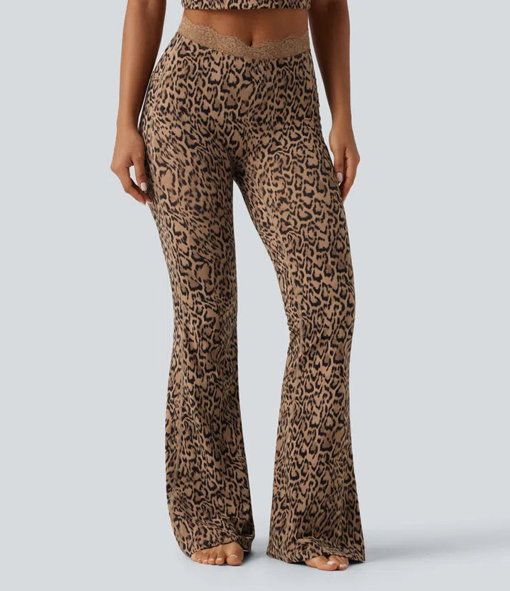 Halara UltraSculpt Leopard Print V-Shaped High Waisted Contrast Lace Yoga Flare Leggings with Pockets