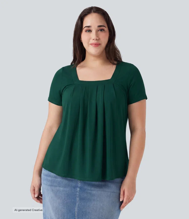Plus Size Square Neck Short Sleeve Casual Blouse
