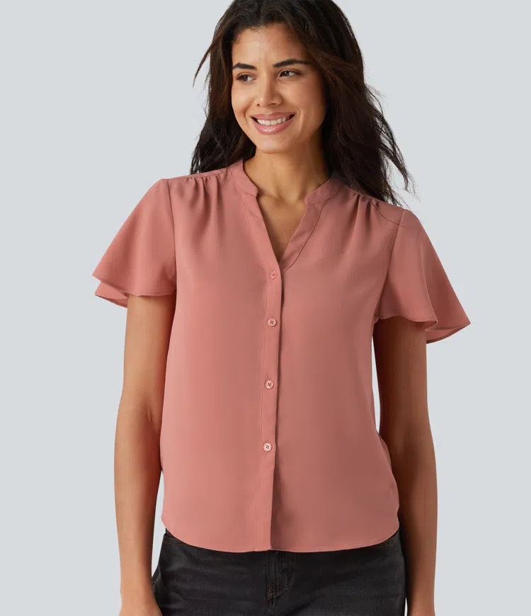V-neck Flounce Sleeve Curved Hem Casual Blouse