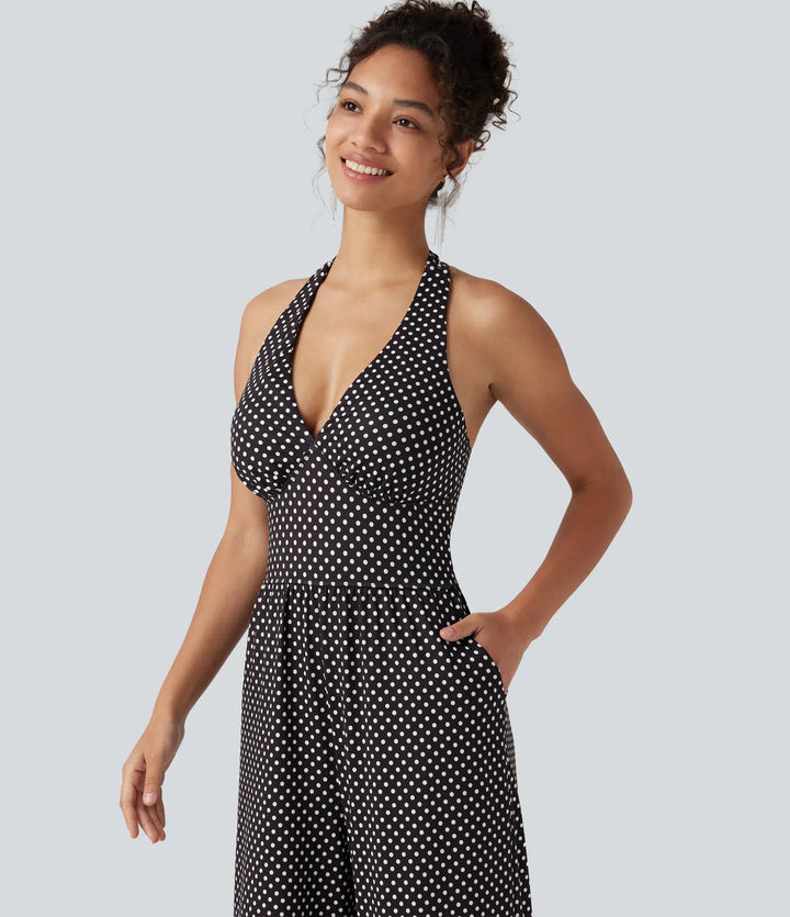 Halter Sleeveless Backless Built-in Bra Polka Dot Print Resort Jumpsuit with Pockets-Easy Peezy