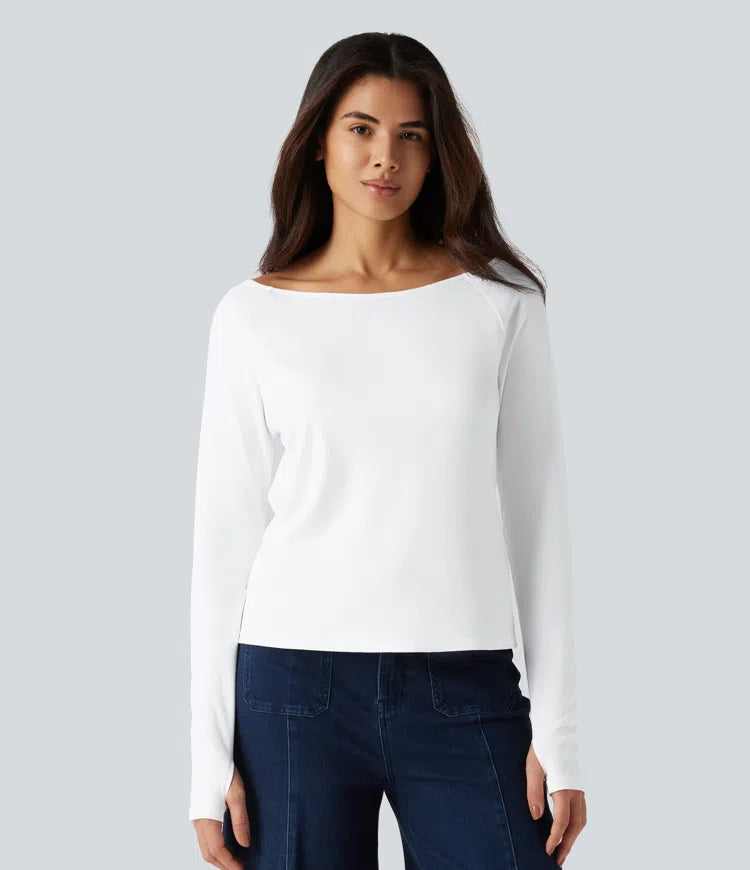Boat Neck Long Sleeve Thumb Hole Casual Pima Cotton T-Shirt