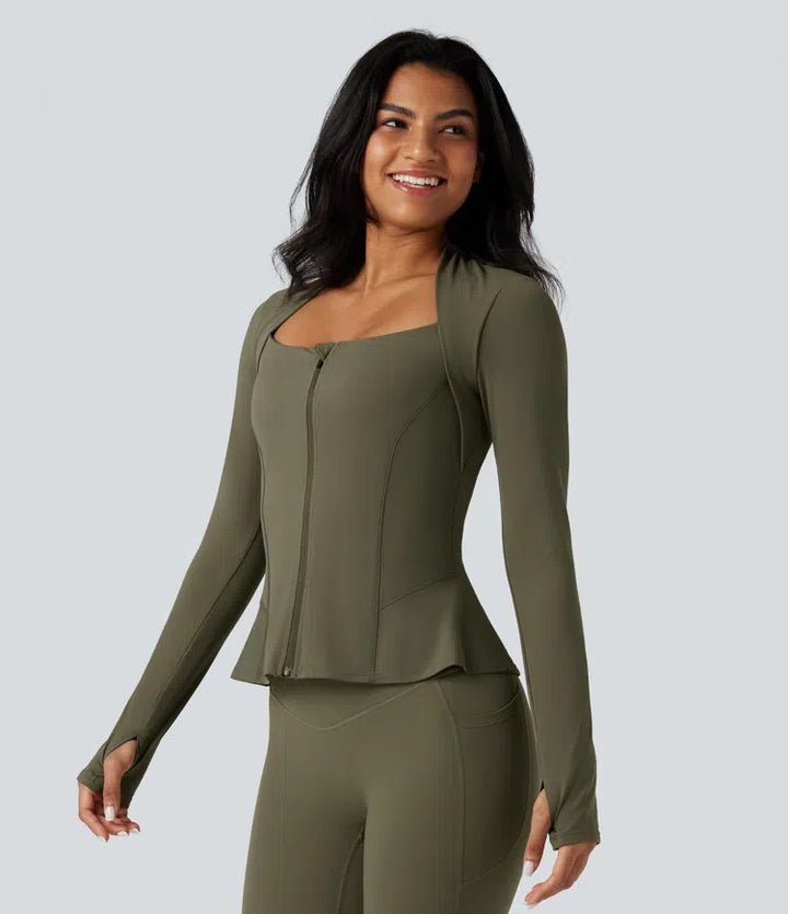 Halara UltraSculpt Push-Up Long Sleeve Thumb Hole Zipper Ruffle Hem Yoga Curvy Jacket