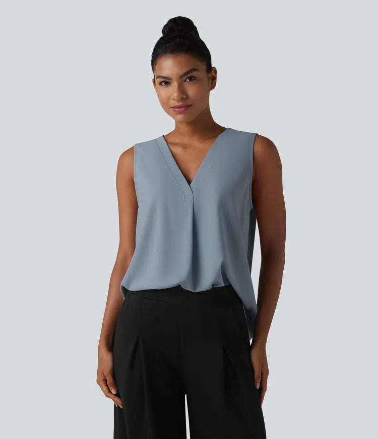 Wrinkle Recovery V Neck Sleeveless Oversized Work Blouse