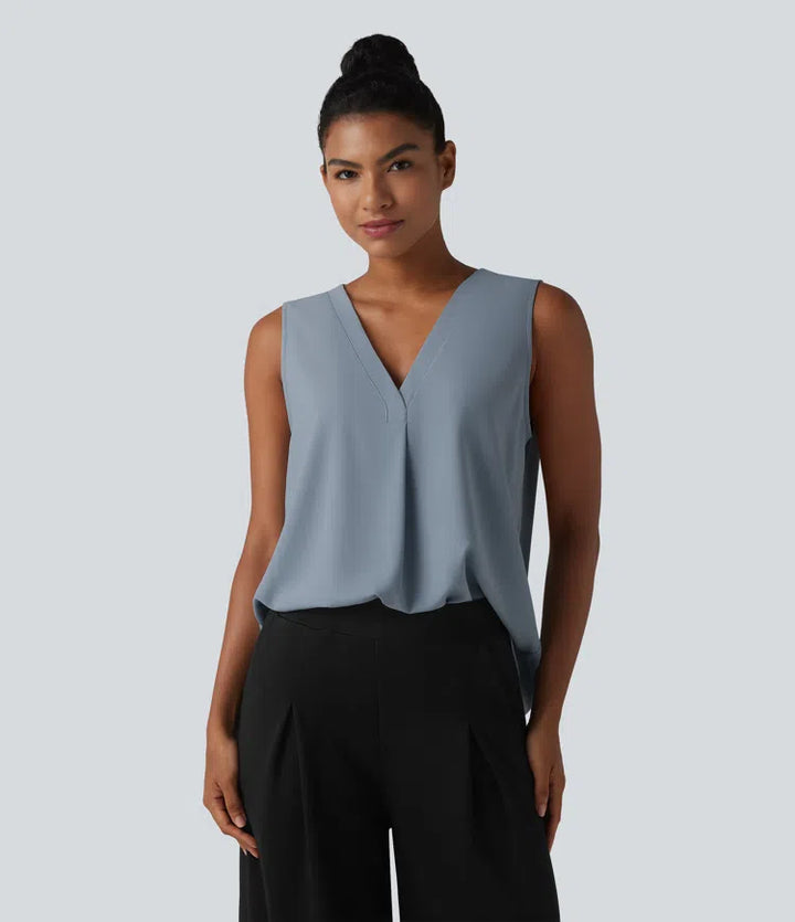 Wrinkle Recovery V Neck Sleeveless Oversized Work Blouse