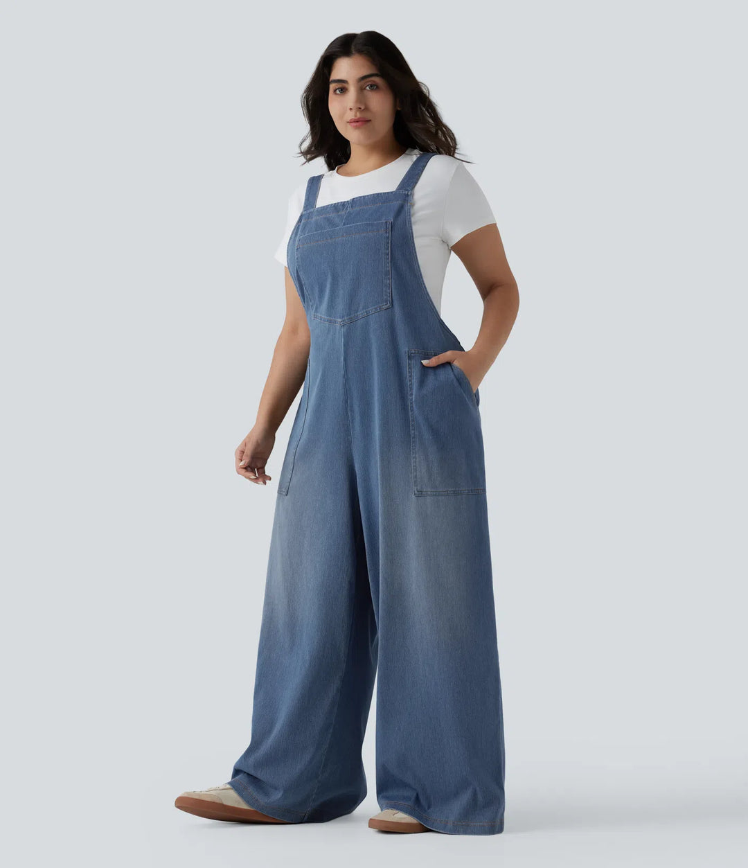 Plus Size Halara Flex Square Neck Washed Denim Casual Overalls with Pockets