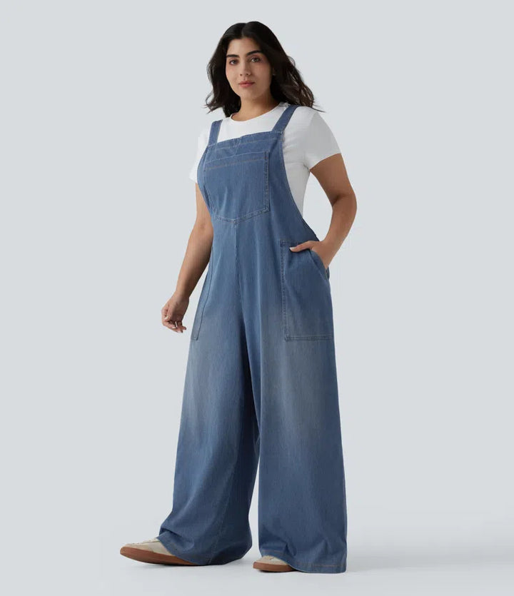 Plus Size Halara Flex Square Neck Washed Denim Casual Overalls with Pockets