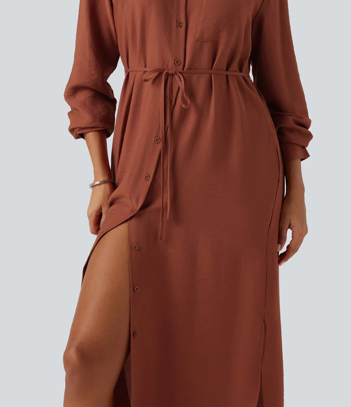 Collar Long Sleeve Belted Curved Split Hem Midi Casual Shirt Dress with Pockets