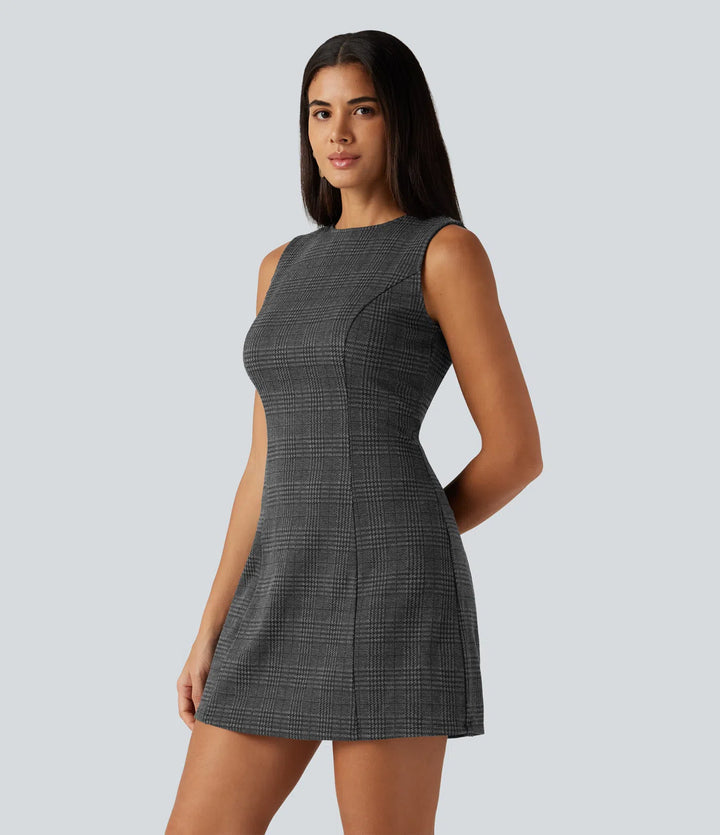 Round Neck Sleeveless Houndstooth Plaid Mini Work Dress