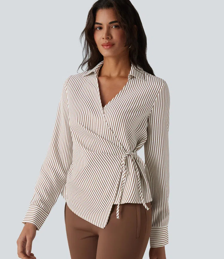 Long Sleeve Wrapped Tie Side Stripe Work Shirt