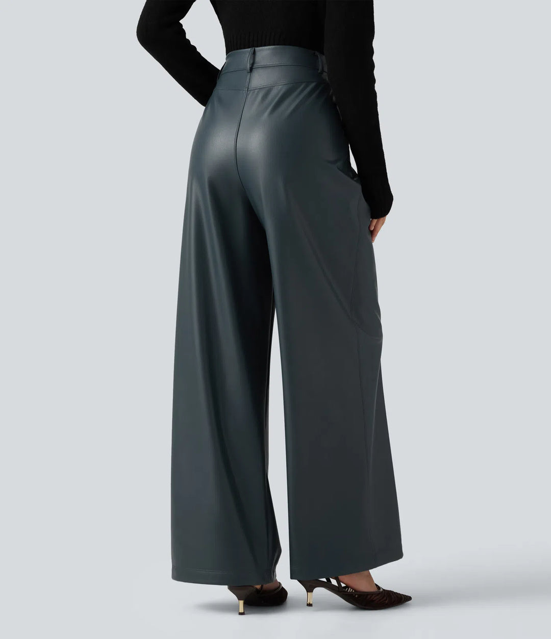 High Waisted Wide Leg Stretchy PU Fleece Casual Pants with Pockets