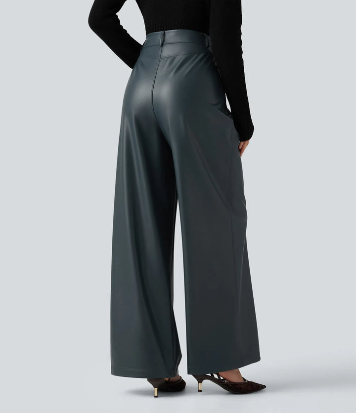 High Waisted Wide Leg Stretchy PU Fleece Casual Pants with Pockets