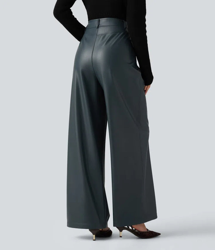 High Waisted Wide Leg Stretchy PU Fleece Casual Pants with Pockets