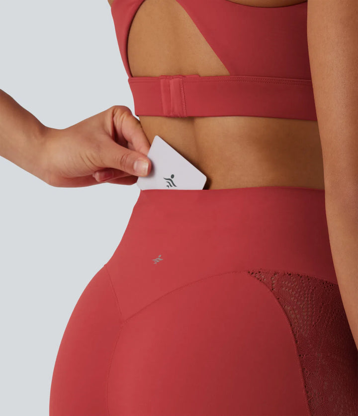 Halara UltraSculpt High Waisted Tummy Control Contrast Lace Yoga Flare Leggings with Pocket