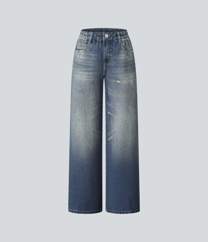 Mid Rise Denim Print French Terry Casual Sweatpants Jeans with Pockets