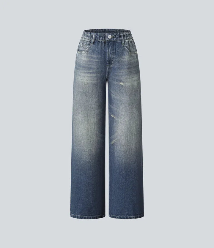 Mid Rise Denim Print French Terry Casual Sweatpants Jeans with Pockets