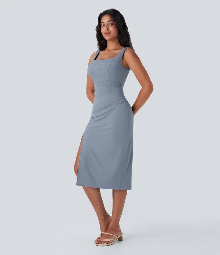 SoftlyZero Airy Square Neck Corset Ruched Bodycon Midi InstantCool Dress DD-F Cups