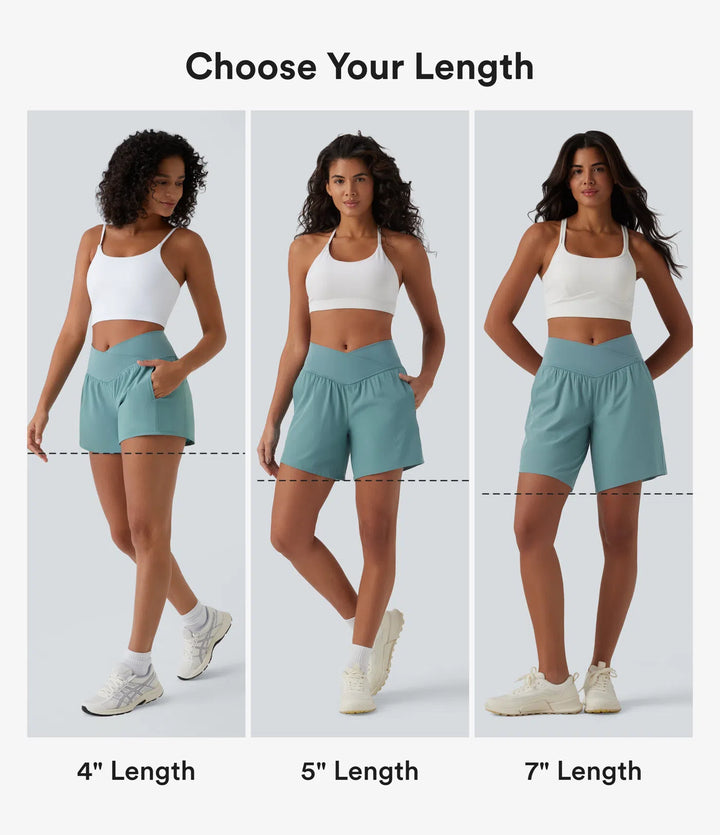 Breezeful High Waisted Crossover Pocket 2-in-1 Quick Dry Yoga Shorts 4"