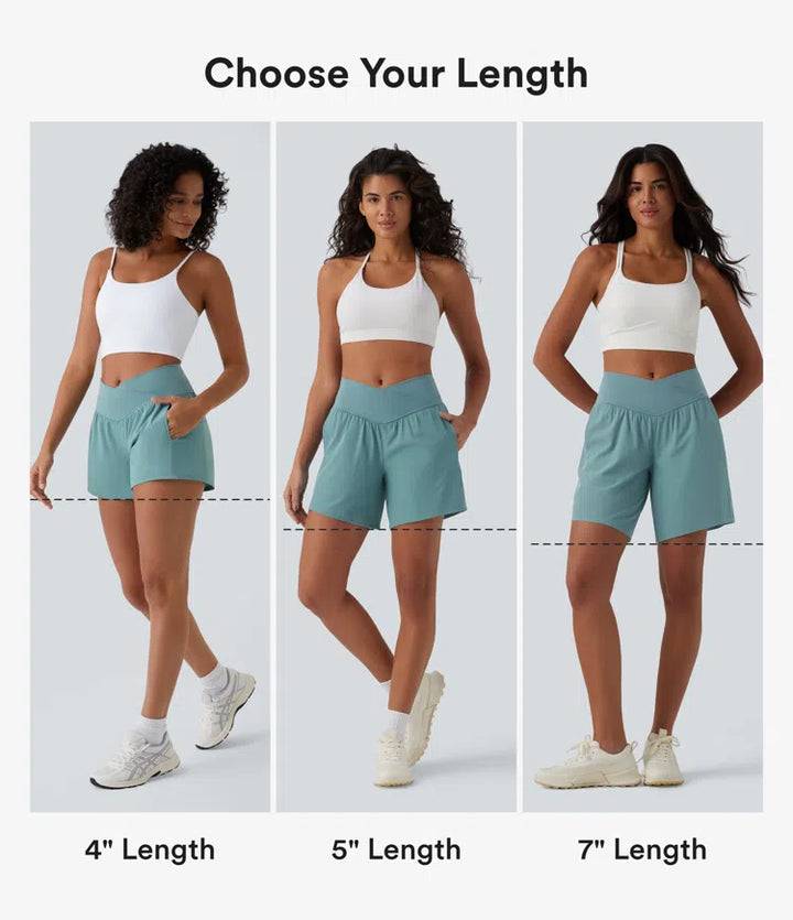 Breezeful High Waisted Crossover Pocket 2-in-1 Quick Dry Yoga Shorts 4"