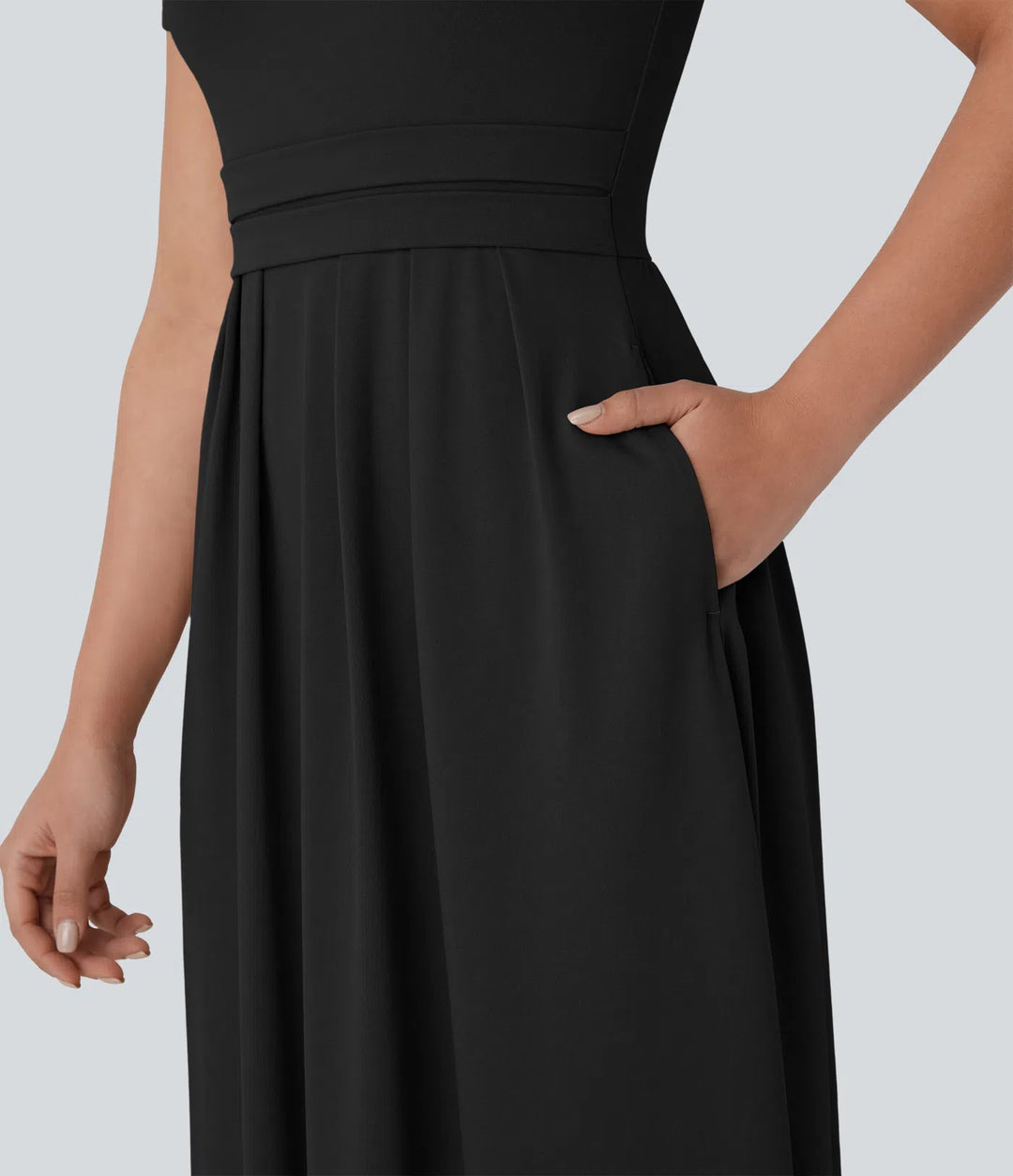 Stand Collar Short Sleeve Pocket Flare Maxi Casual Dress