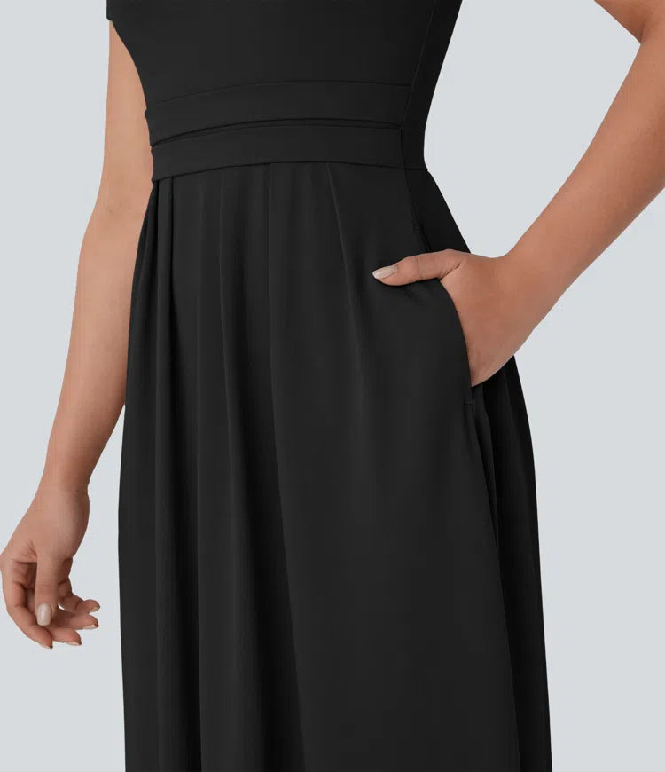 Stand Collar Short Sleeve Pocket Flare Maxi Casual Dress